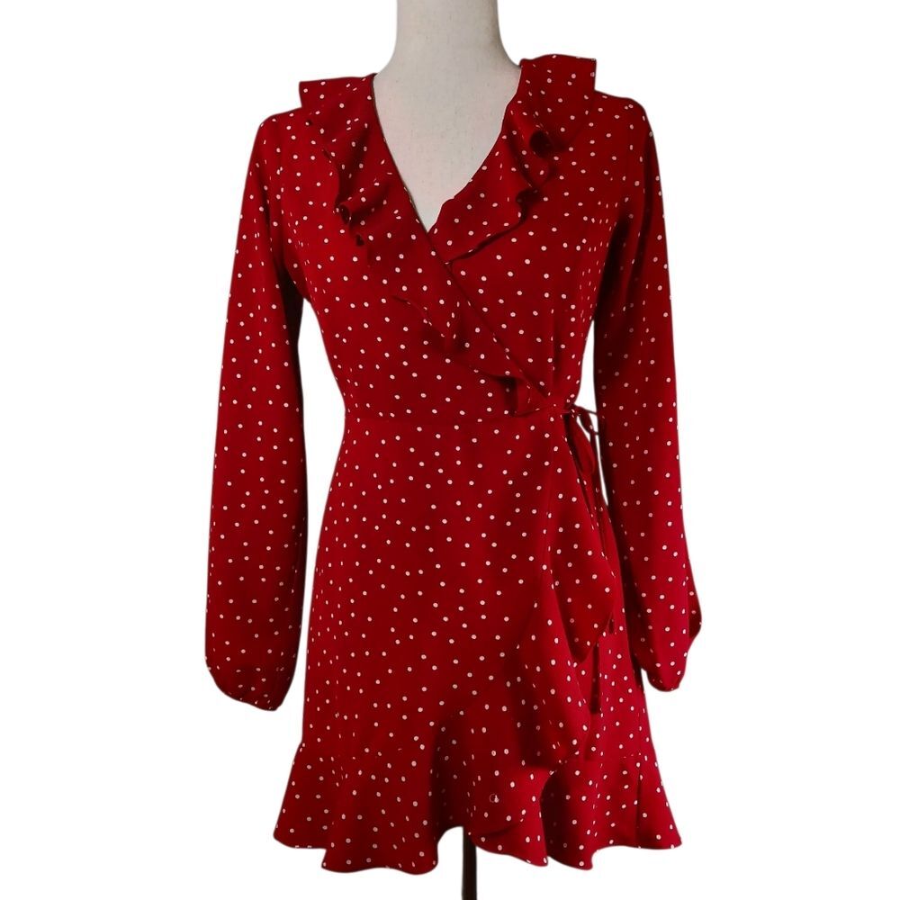 Ruffled Wrap Dress Mini White Poka Dot Burnt Orange Girly Glam Date Night Size M - Picture 2 of 11